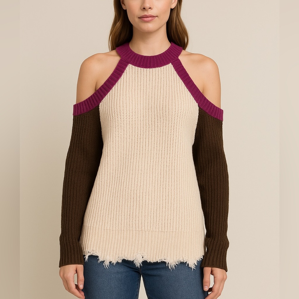 143 Story NEW Chunky Knit Cold Shoulder Sweater Fringe Trim